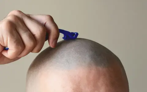 Mano con maquinilla azul afeitándose la cabeza, dejando la piel suave y sin vello.
