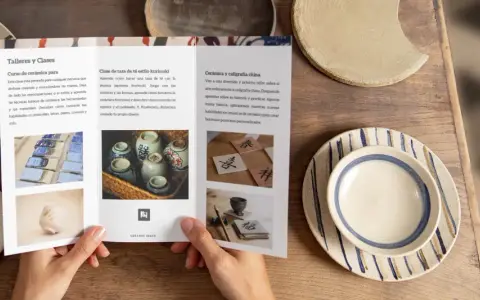 Folleto publicitario ejemplo: talleres de cerámica y caligrafía china. Aprende a crear piezas únicas y personalizadas.