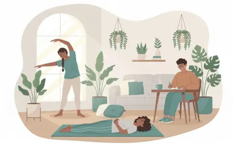 Ilustracja przedstawia ludzi ćwiczących i piszących w przytulnym salonie z roślinami.
