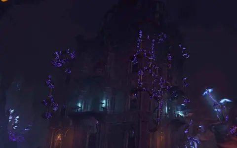 La imponente torre arcana BG3 se alza en la penumbra, rodeada de extraños hongos luminiscentes y tuberías que brillan con energía púrpura.