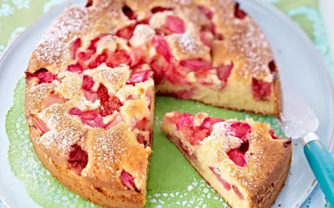 Ein saftiger Erdbeer Rhabarber Kuchen, bestäubt mit Puderzucker, wartet auf seinen Anschnitt. Ein Stück ist bereits auf einem grünen Tupfer platziert.