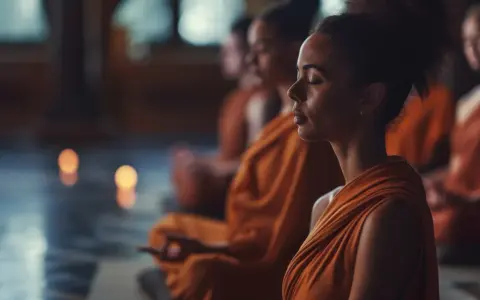 Människor i orange kläder sitter i meditation, en scen av buddistisk frid.