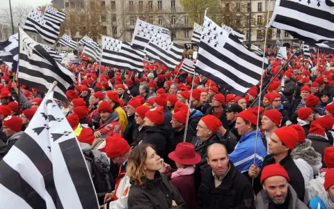 Foule portant le bonnet rouge breton, brandissant des drapeaux bretons.