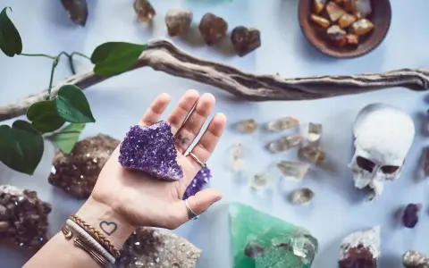 Mano sostiene amatista, rodeada de piedras y un cráneo. Un conjunto de piedras contra el mal de ojo y la envidia.