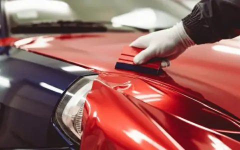 A gloved hand uses a squeegee to apply a shiny red diy car wrap over a blue car fender.