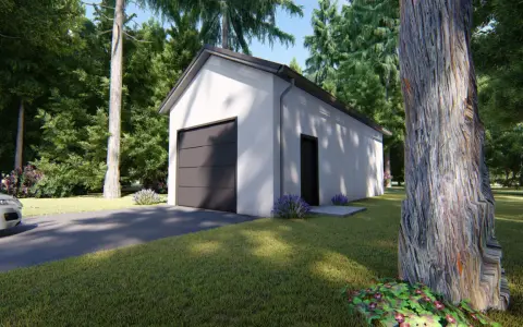 Nowoczesny projekt garażu 35m2 bez pozwolenia, otoczony zielenią. Idealne rozwiązanie dla Twojej posesji.