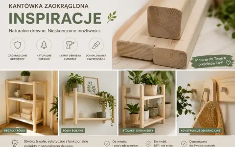 Krawędziaki iglaste z zaokrąglonymi krawędziami, idealne do tworzenia regałów, półek i dekoracji DIY. Naturalne drewno, łatwa obróbka.