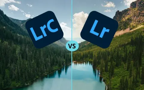 Comparaison visuelle entre Lightroom Classic (LRC) et Lightroom (LR) sur un paysage de montagne et de lac.