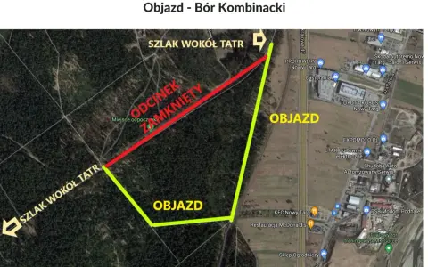 Mapa z zaznaczonym objazdem na Szlaku Wokół Tatr. Odcinek zamknięty, wyznaczono trasę objazdu. Idealna na rowerem dookoła Tatr w jeden dzień.