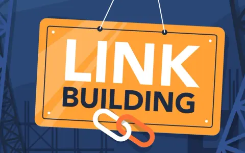 Tablica z napisem "LINK BUILDING" i symbolem łańcucha, sugerująca budowanie silnych połączeń w sieci.