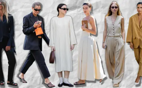 Seis mujeres lucen elegantes outfits para el primer día de trabajo: trajes sastre, vestidos y pantalones anchos en tonos neutros.