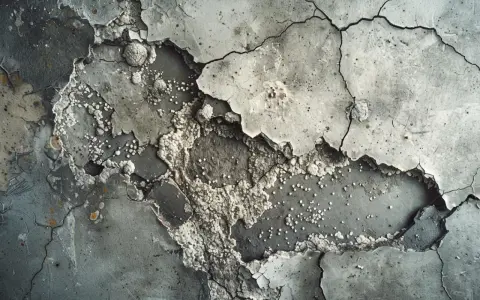 Détail d'un mur en béton fissuré et écaillé, révélant une texture rugueuse et des dépôts blancs ressemblant à de la mérule béton.