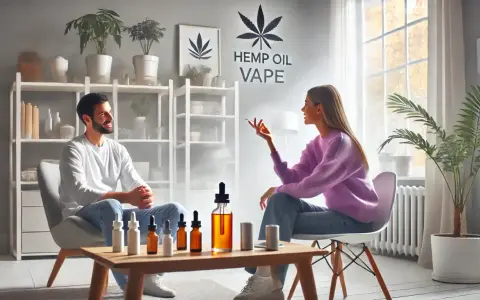 Pareja conversando sobre vap que es, con aceites de cáñamo y un vapeador en la mesa.