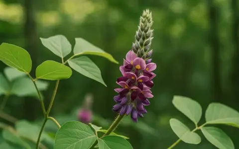 Fleur de kudzu aux teintes violettes et roses, évoquant ses nombreux kudzu bienfaits. Des feuilles vertes entourent la tige.