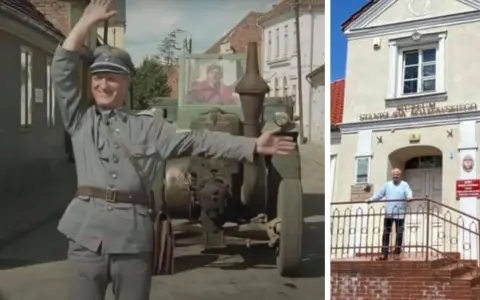 Scena z serialu "Gdzie kręcono Wiosna Panie Sierżancie" i współczesne zdjęcie Muzeum Stanisława Grzesiuka.