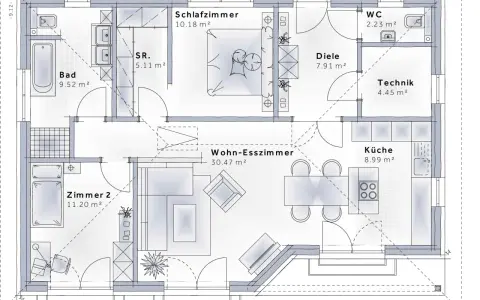 Grundriss eines Bungalows mit Wohn-Esszimmer, Küche, Schlafzimmer, Bad, Zimmer 2, Diele, WC und Technikraum. Ideal zum Bungalow planen.