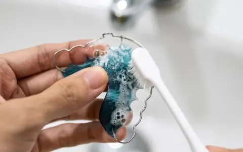 Delikatne czyszczenie aparatu ortodontycznego ruchomego miękką szczoteczką i wodą z mydłem to podstawa higieny.