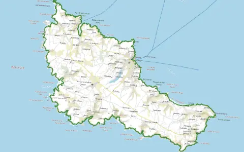 Carte de Belle-Île-en-Mer, montrant les côtes, les villages et les points d'intérêt de cette île bretonne.