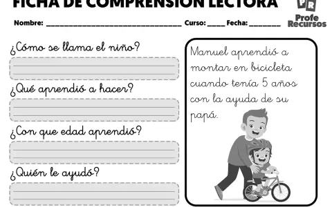 Ficha de comprensión lectora con preguntas sobre Manuel aprendiendo a montar en bicicleta con su papá.
