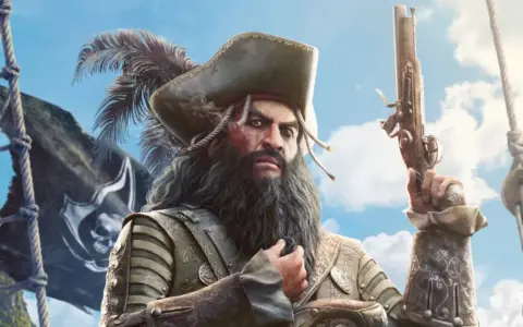 Piracki kapitan z pistoletem i czarną flagą z czaszką, jak z remake'u Black Flag.