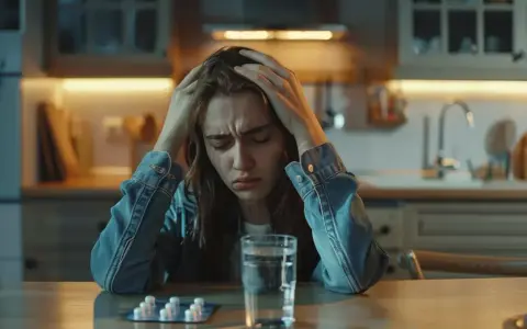 Młoda kobieta z bólem głowy, obok tabletki Kostarox 60 mg, które pomagają na stany zapalne i ból.