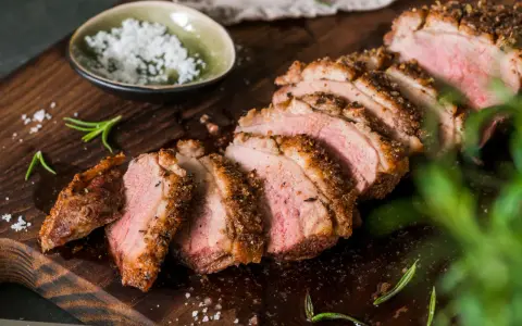 Saftige entenbrust im airfryer, perfekt geschnitten, mit grobem Salz und Rosmarin garniert.