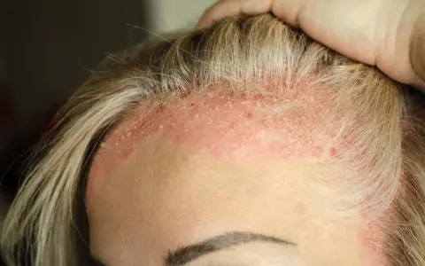 Cuir chevelu irrité avec des plaques rouges et des squames de peau morte, près des cheveux blonds.