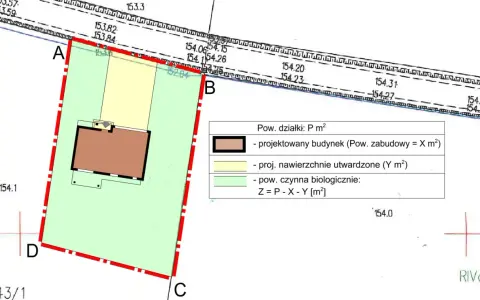 Plan działki z zaznaczonym projektowanym budynkiem, określającym powierzchnię zabudowy.