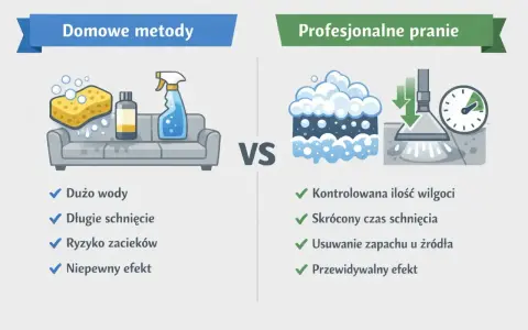 Porównanie domowe pranie tapicerki z metodami profesjonalnymi: więcej wody, długie schnięcie, ryzyko zacieków vs. kontrola wilgoci, szybkie schnięcie, pewny efekt.