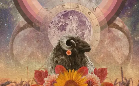 Baran z ozdobnym kwiatkiem, otoczony przez astrologiczny krąg i księżyc. To symbolika "Mars w Baranie", pełna energii i odwagi.