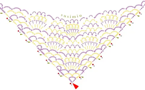 Diagrama de patrones de chal a crochet para imprimir, con símbolos de puntos y números de fila.