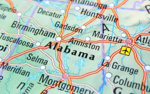 Map of Alabama showing cities like Birmingham and Montgomery. Planning a drone flight? Check Alabama drone laws before takeoff.