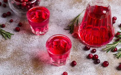 Två glas med röd vargtass drink, en karaff, tranbär och rosmarin på ett pudrat underlag.