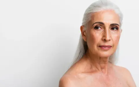 Visage femme 70 ans, cheveux argentés, regard pensif tourné vers la droite.