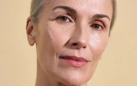 Visage d'une femme aux cheveux gris, peau lumineuse et hydratée, suggérant l'efficacité des peptides pour une peau éclatante.
