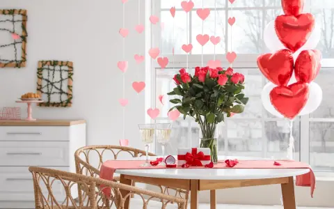 Mesa romántica con rosas, globos en forma de corazón y copas. ¡Perfectas ideas decoración San Valentín!