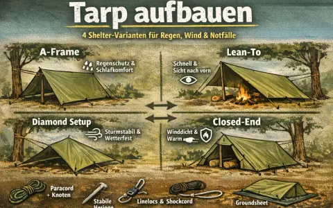 Tarp aufbauvarianten: A-Frame, Lean-To, Diamond Setup, Closed-End. Zeigt vier verschiedene Schutzunterkünfte für Outdoor-Abenteuer.