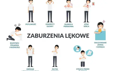 Ilustracja pokazuje objawy lęku społecznego: potliwość, zawroty głowy, dławicę piersiową, atak serca, rozstrój żołądka, drżenie, płytki oddech, strach przed śmiercią, odczuwanie zimna i gorąca.
