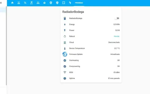 Interfaz de Home Assistant para configurar enchufe inteligente. Muestra estado, energía, temperatura y reinicio del dispositivo "RadiadorBodega".