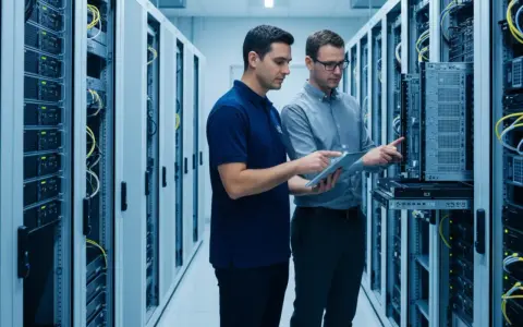 Two IT professionals review network infrastructure technologies on a tablet amidst rows of servers in a data center.