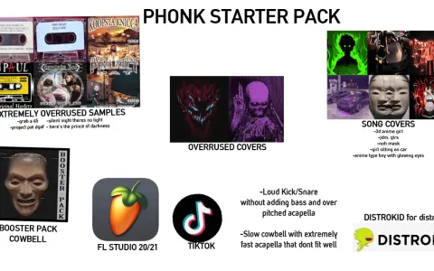 Obrazek przedstawia "Phonk Starter Pack" z elementami takimi jak kasety, okładki płyt, grafiki, maski, samochody i logo FL Studio, sugerując typowe elementy dla **phonk songs**.