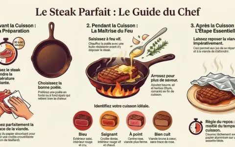Guide pour un steak parfait : préparation, cuisson à la poêle avec arrosage, et repos. Identifiez la cuisson idéale entre bleu et bien cuit.