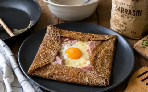 Une galette de sarrasin de grand-mère marmiton, garnie de jambon, fromage et œuf au plat. Un délice simple et réconfortant.