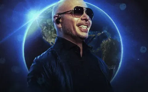 Pitbull w okularach przeciwsłonecznych uśmiecha się na tle Ziemi. To zapowiedź jego światowego koncertu.