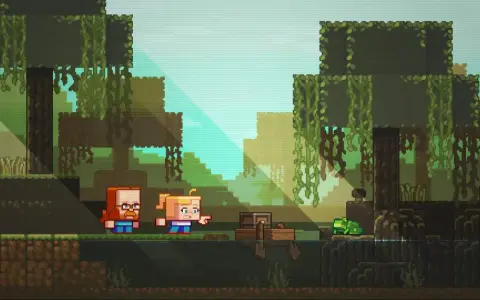 Dos personajes de Minecraft exploran un manglar, con un cofre flotando y una rana cerca.