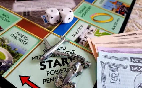 Gra Monopoly, kostki, pionki (samolot, bolid), pieniądze i plansza z polskimi miastami. Różne rodzaje gry wciągają graczy w świat finansów.