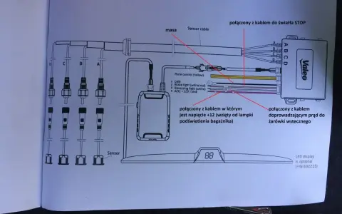 Schemat montażu czujników parkowania Valeo. Pokazuje połączenia z czujnikami, światłem stop, żarówką wstecznego biegu i zasilaniem.