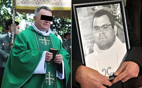 Wikary w zielonej szacie trzyma książkę, obok zdjęcie innego księdza.