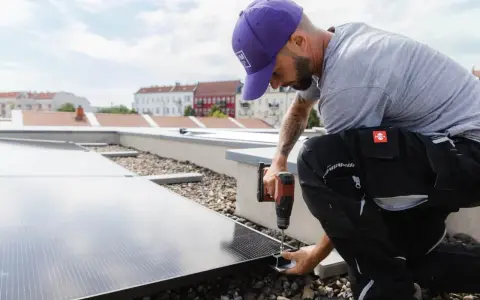 Installatör fäster solceller på taket. Rätt solceller riktning är avgörande för maximal energiproduktion.