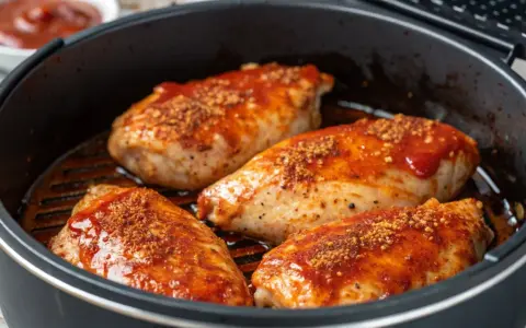 Quatre poitrines de poulet savoureuses, nappées d'une sauce rouge et saupoudrées d'épices, prêtes à être dégustées. Un délice inspiré du marinade poulet portugais.